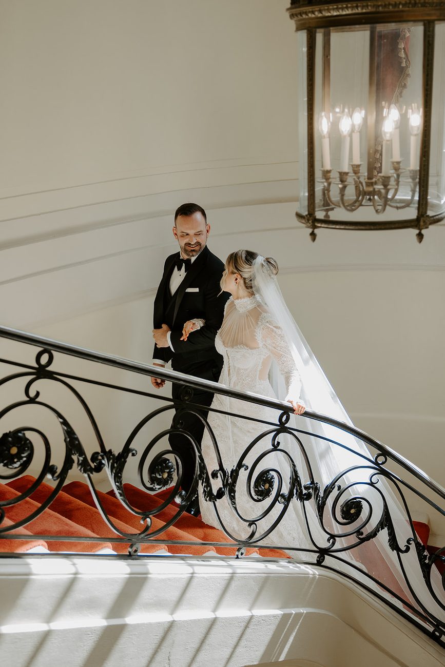 Jim and Anne on the staircase at Glen Manor House, Portsmouth RI